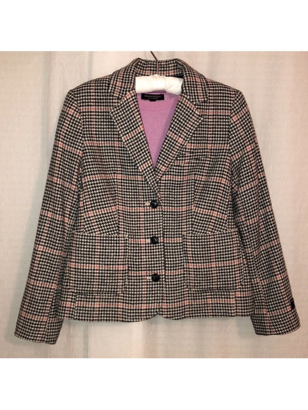 L.L.Bean SP Houndstooth Black Ivory Coral Plaid Wool Blend Blazer Jacket